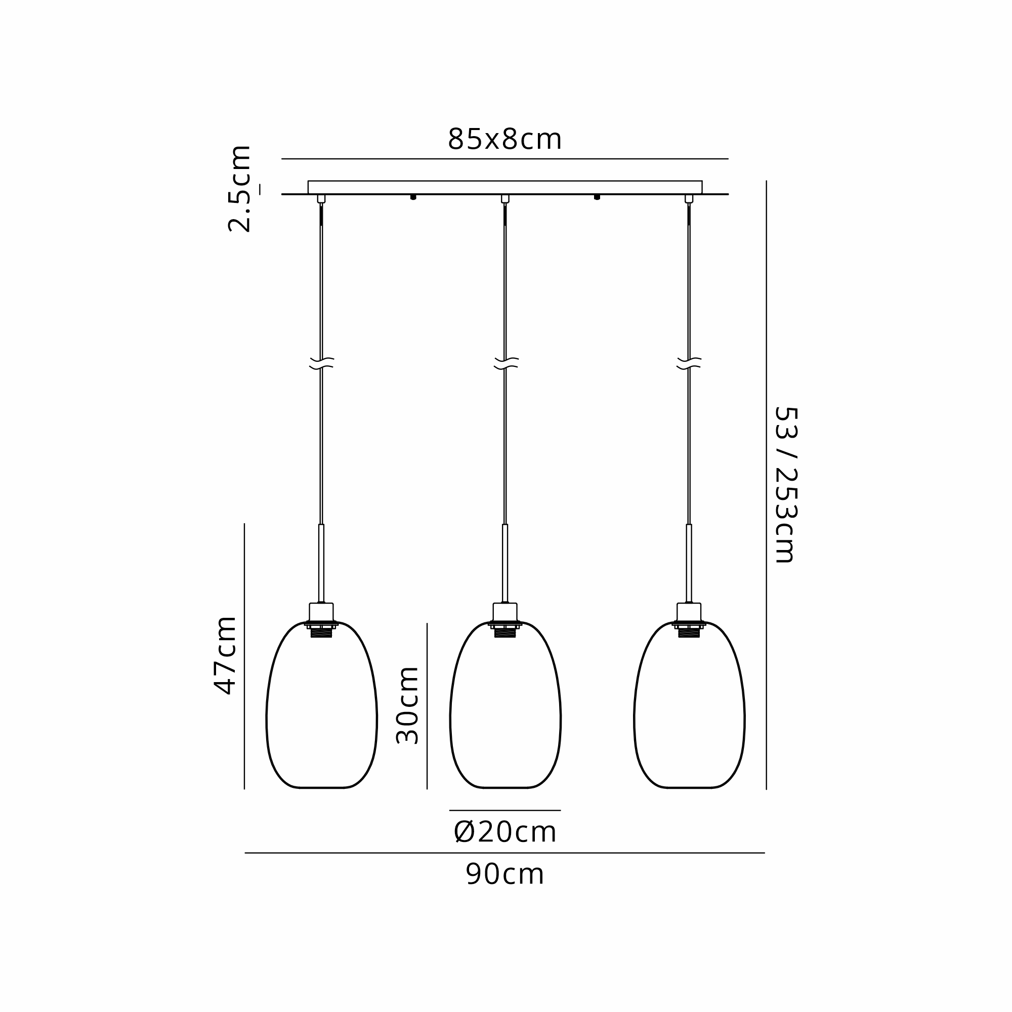 DK1391  Lori Linear Pendant, 3 Light Adjustable E27, Satin Nickel/Smoke Slim Curved Trapezium Shades